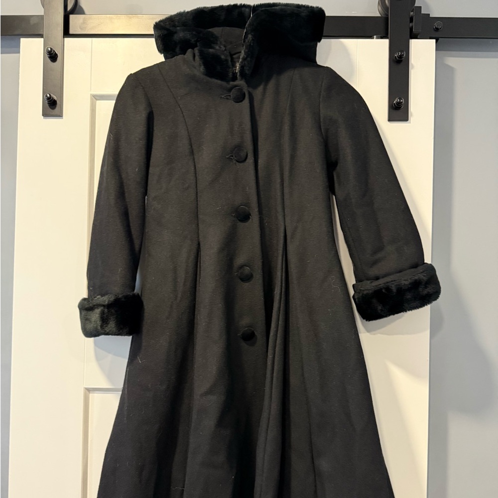 Vintage Fabulous Furs Black Wool Hooded Cape Coat Girls Size 7 - Picture 1 of 4